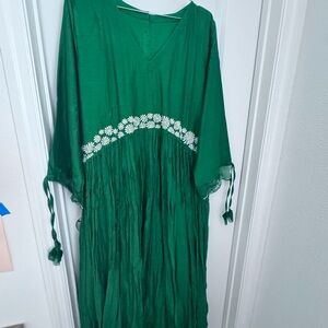 Green Floral Trim V-Neck Women’s Dress